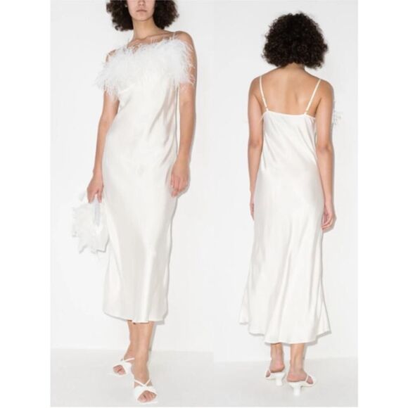 SLEEPER Boheme Feather-trimmed Midi Slip Dress in Ecovero White - Picture 2 of 11